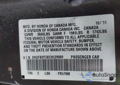 2012 Honda Civic Lx z USA, uszkodzony, nr VIN 2HGFB2F5XCH529069
